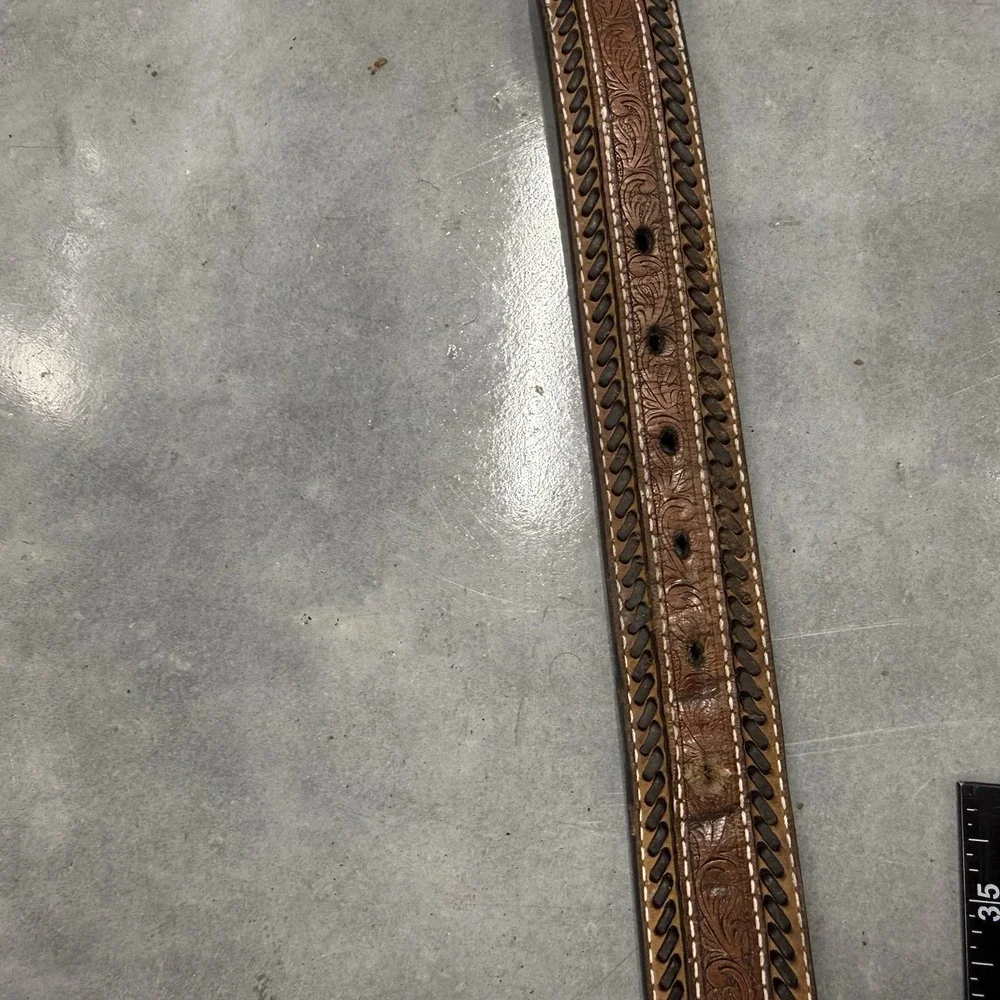 Ariat Mens 38 Western Leather Belt Brown Tooled Laced Cowboy Silver Buckle